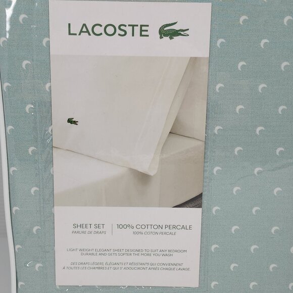 Lacoste King Cotton Percale Sheet Set Moon Print Aqua Green Light Weight - Picture 5 of 11